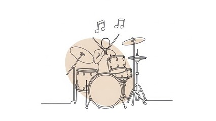 A musician enthusiastically playing a drum set with energetic musical notes floating above