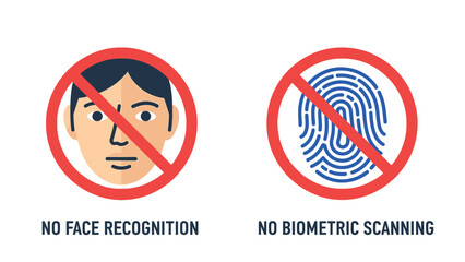 Graphic illustration depicting a prohibition against the use of face recognition technology alongside a separate symbol indicating no biometric scanning is permitted for security or privacy reasons