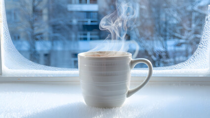 A cozy moment with a steaming mug on a frosty windowsill during a cold winter day