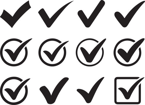 Collection of various checkmark and tick icons on white