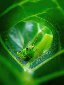 Un saltamontes verde brillante se esconde en el coraz&oacute;n de una hoja de col rizada.