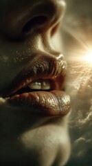 Obraz premium Primer plano de labios rojos con un fondo de cielo tormentoso y luz dramática.