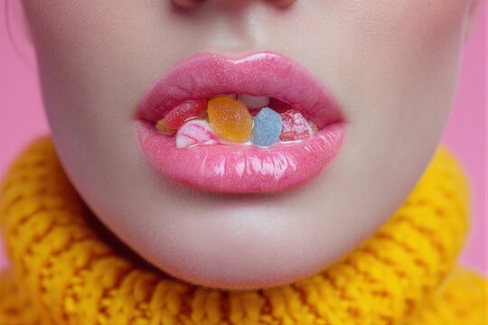 Primer plano de unos labios llenos, con una gran cantidad de caramelos de colores.