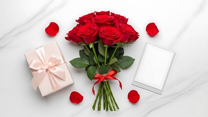 Romantic Red Rose Bouquet Flat Lay with Gift and Card, Overhead View for Valentine's Day, Anniversary, Love Celebration