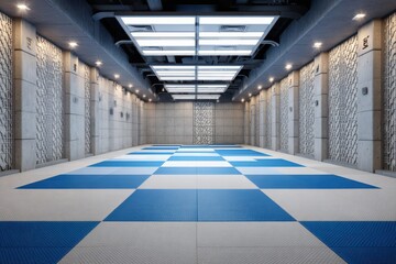 Modern martial arts training hall featuring a spacious, well-lit floor area designed for various combat sports and activities