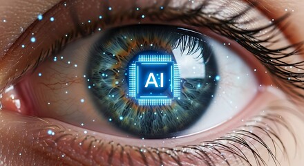 Closeup of a human eye with a glowing blue ai chip reflected in the pupil, symbolizing artificial intelligence and advanced technology integration