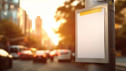 a blank white square canvas with yellow tape on the edges, stuck to an urban street post at an intersection in a city during sunset. in the background, cars and trees