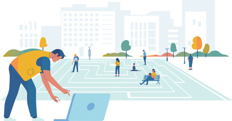Smart city urban plaza vector illustration, people in public square with maze pattern and modern cityscape background in flat design © MdMajnur