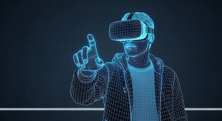 Man wearing virtual reality headset, interacting with digital world, futuristic technology concept
