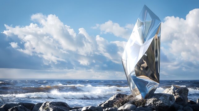 Reflective sculpture on rocky shore with ocean waves under a cloudy blue sky landscape view - Powered by Adobe