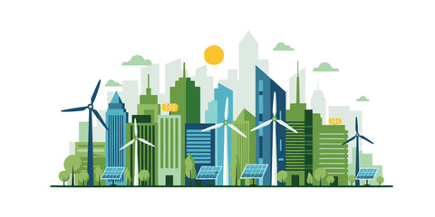Sustainable Green City Concept with Wind Turbines, Solar Panels, and Eco Friendly Skyscrapers