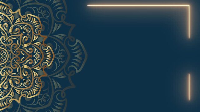 Elegant Golden Mandala Design on Dark Teal Background with Neon Frame.