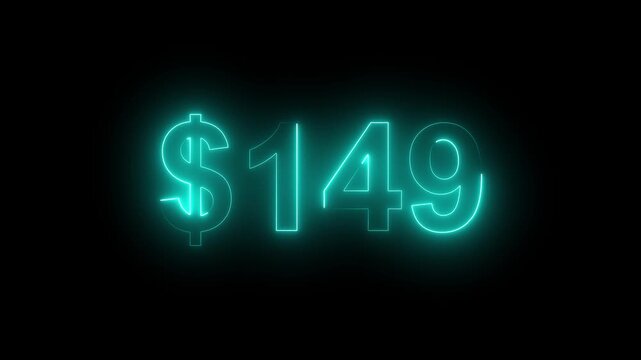 Glowing neon $149 price sign on dark background. Money symbol, sale, cost, price display, retail sale, finance, Value, Sale, Marketing Background.