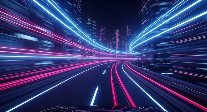 Abstract futuristic cityscape with light trails on a highway at night, vibrant neon blue and pink glowing lines creating a sense of speed and motion - Powered by Adobe