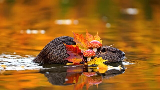 Cute nutria swims in water with autumn leaves and mushrooms, nature scene.