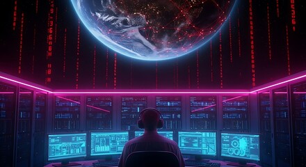 A person sits in a dark room filled with computer servers and monitors displaying data, with a glowing earth and digital rain above