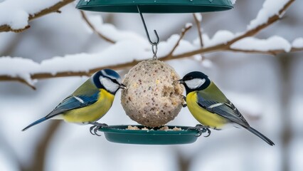 Two blue tit birds perched on a feeder eating a suet ball in a snowy winter forest