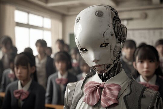 Una inquietante imagen de un androide en un aula llena de estudiantes.