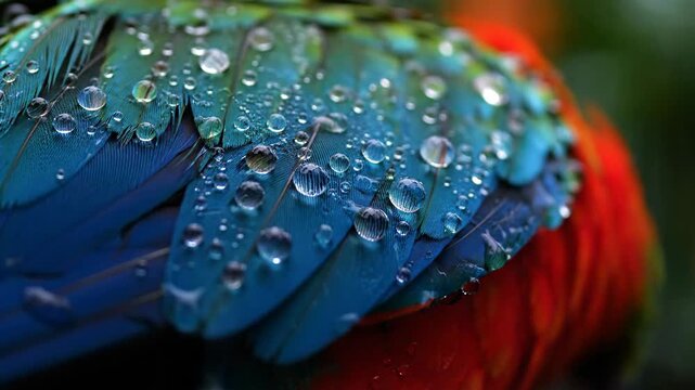 Close-up of colorful parrot feathers with water droplets, vibrant nature, animal, and vibrant color, with droplet detail and blue and red plumage.