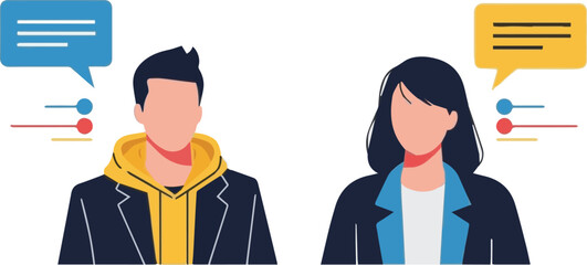 A vibrant vector illustration portraying a man and a woman engaged in an active digital conversation, representing online chat, messaging, and virtual social interaction