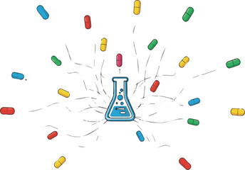 Abstract concept of science and research with laboratory flask and capsules