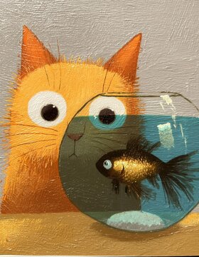 Un gato naranja con ojos grandes y curiosos observa fijamente un pez dorado nadando en una pecera redonda.