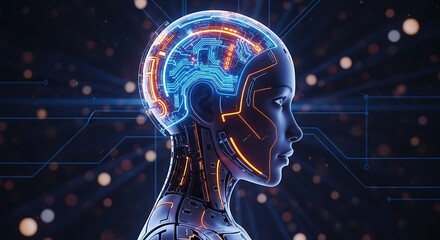 Closeup profile of a futuristic robot head with glowing blue circuits in its brain and orange accents, representing advanced artificial intelligence and robotics