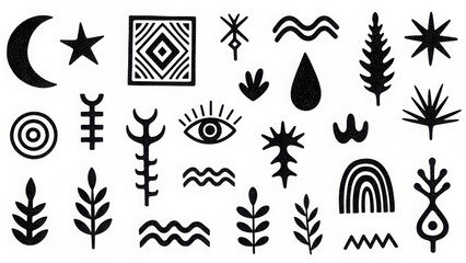 A collection of various black tribal symbols and patterns on a white background