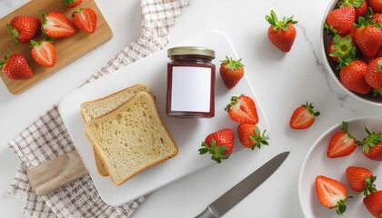 Strawberry Jam Jar Mockup in Flatlay Breakfast Scene