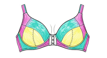 Colorful front clasp bra illustration with vibrant pink, teal, and yellow panels, isolated on a white background