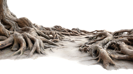 A network of intricate tree roots sprawling over the forest ground, creating natural pathways and fascinating organic sculptures, isolated on a Transparent background