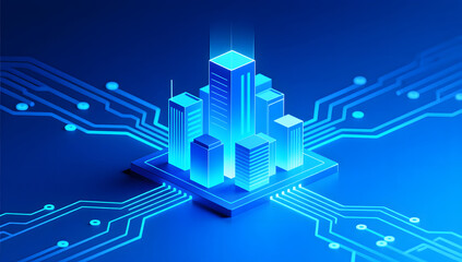 Abstract technology background with glowing circuit board city