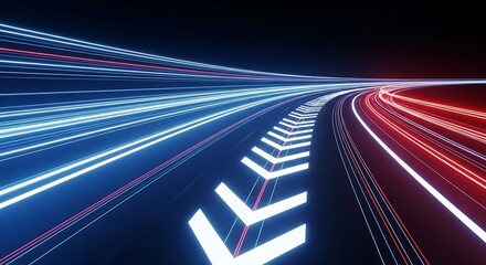 Abstract futuristic motion blur light trails with arrows on a dark background, representing speed and technology