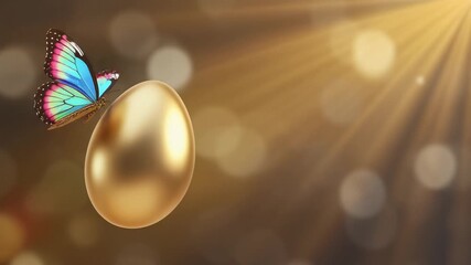 Decorated Easter Golden Egg with ray and a colorful butterfly.