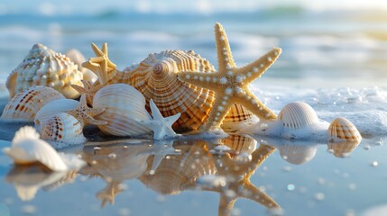 Starfish and seashells on a beach with reflections in the water at the shoreline at sunset light