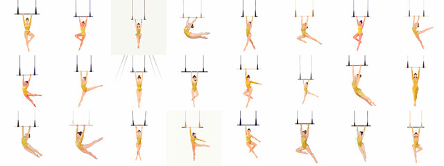 Set of vector illustrations depicting elegant female aerialists and gymnasts performing diverse trapeze stunts in shimmering gold costumes on a white background. © Sabiqul