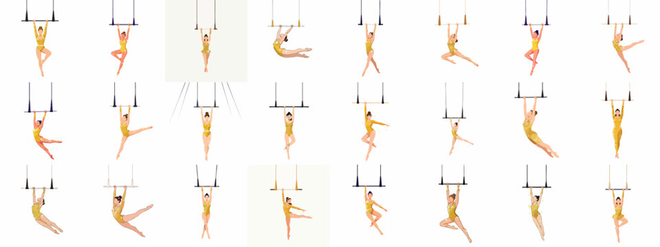 Set of vector illustrations depicting elegant female aerialists and gymnasts performing diverse trapeze stunts in shimmering gold costumes on a white background.