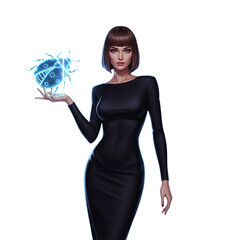 Futuristic Woman in Black Dress Holding Digital Virus