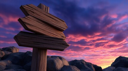 Wooden signpost on rocky terrain against sunset sky