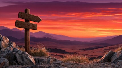 Wooden signpost on rocky terrain against sunset sky
