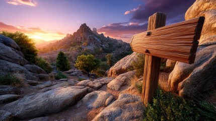 Wooden signpost on rocky trail towards mountain sunset scenery