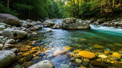 A serene river flows gently through a rocky forest landscape with large boulders