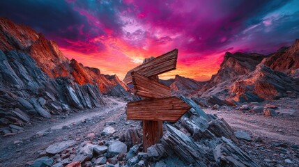 Wooden signpost on rocky trail under dramatic sunset sky