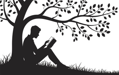 Silhouette of person reading a book under a tree vector illustration, peaceful nature scene with man sitting in grass under leafy branches