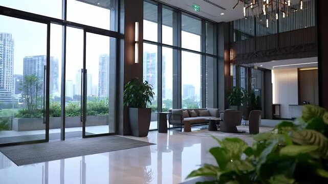 Lobby Interior with City View and Large Windows Potted Plants and Seating