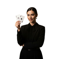 Professional Woman Holding Poker Cards with Confident Expression