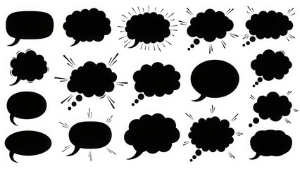 A collection of black speech bubbles on a white background for communication and dialogue