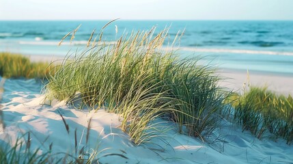 A scenic view of beach grass on sand dunes with the ocean in the background on a bright sunny day