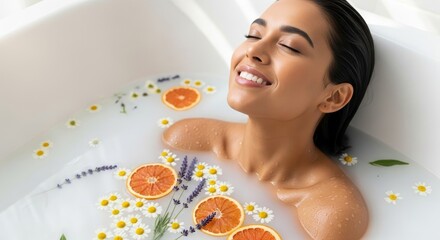 A serene woman smiling in a luxurious herbal bath, enjoying pure relaxation and self-care, illustrating a wellness concept