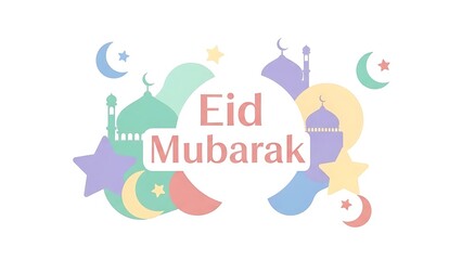 Fototapeta premium Happy Eid Mubarak greeting card with mosque, moon, and star illustrations in pastel colors